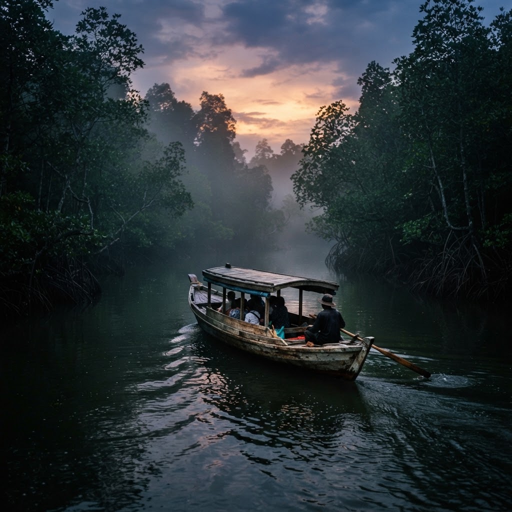 A boat travelling along a forest-lined river at dusk